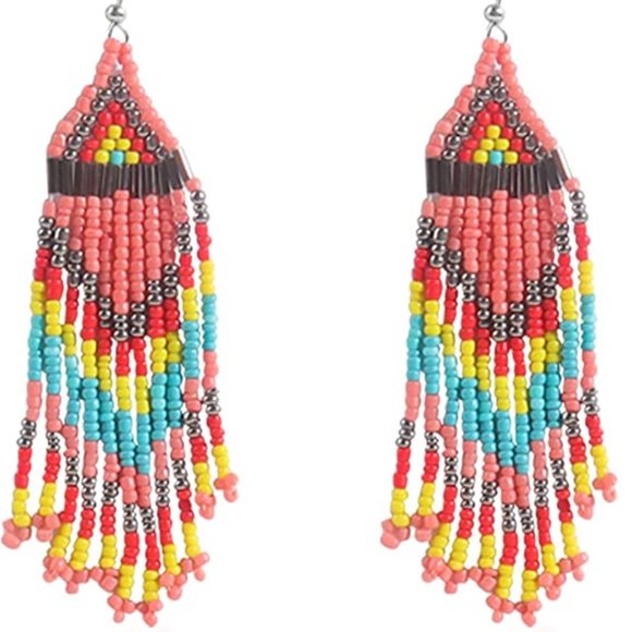 Long 4.5" Pink Turquoise Red Oversized Earrings New Southwestern Tassel - Picture 3 of 5